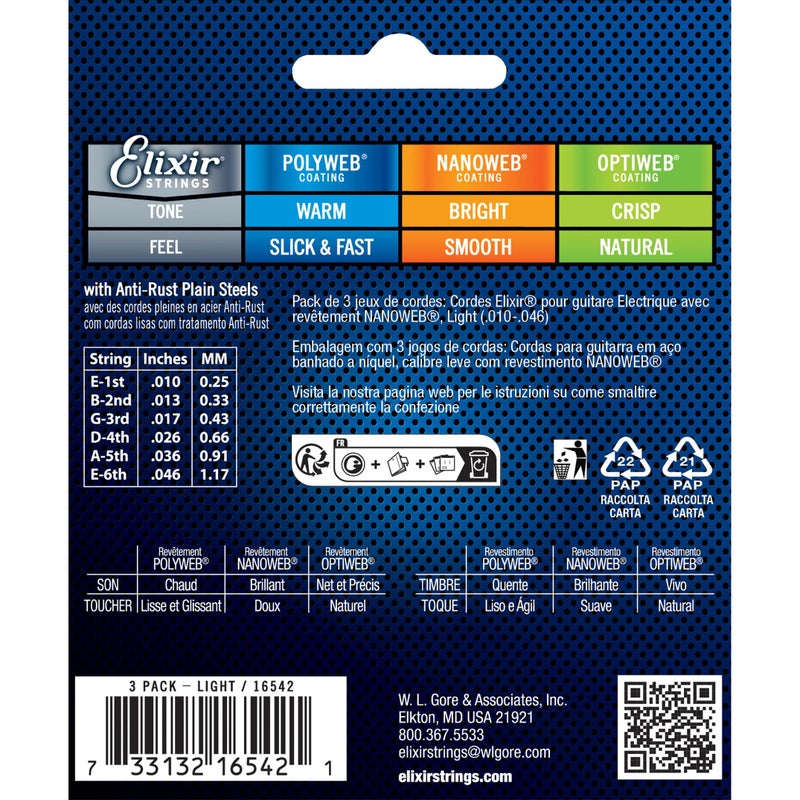 Elixir Strings, Electric Guitar Strings, Nickel Plated Steel with NANOWEB Coating, Longest-Lasting Bright Tone with Comfortable Feel, 6 String Set, 3 Pack, Light 10-46 - Image 2